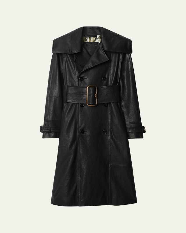 Long Double-Breasted Leather Belted Trench Coat